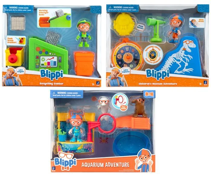 Blippi toys collection featuring construction vehicles and playsets